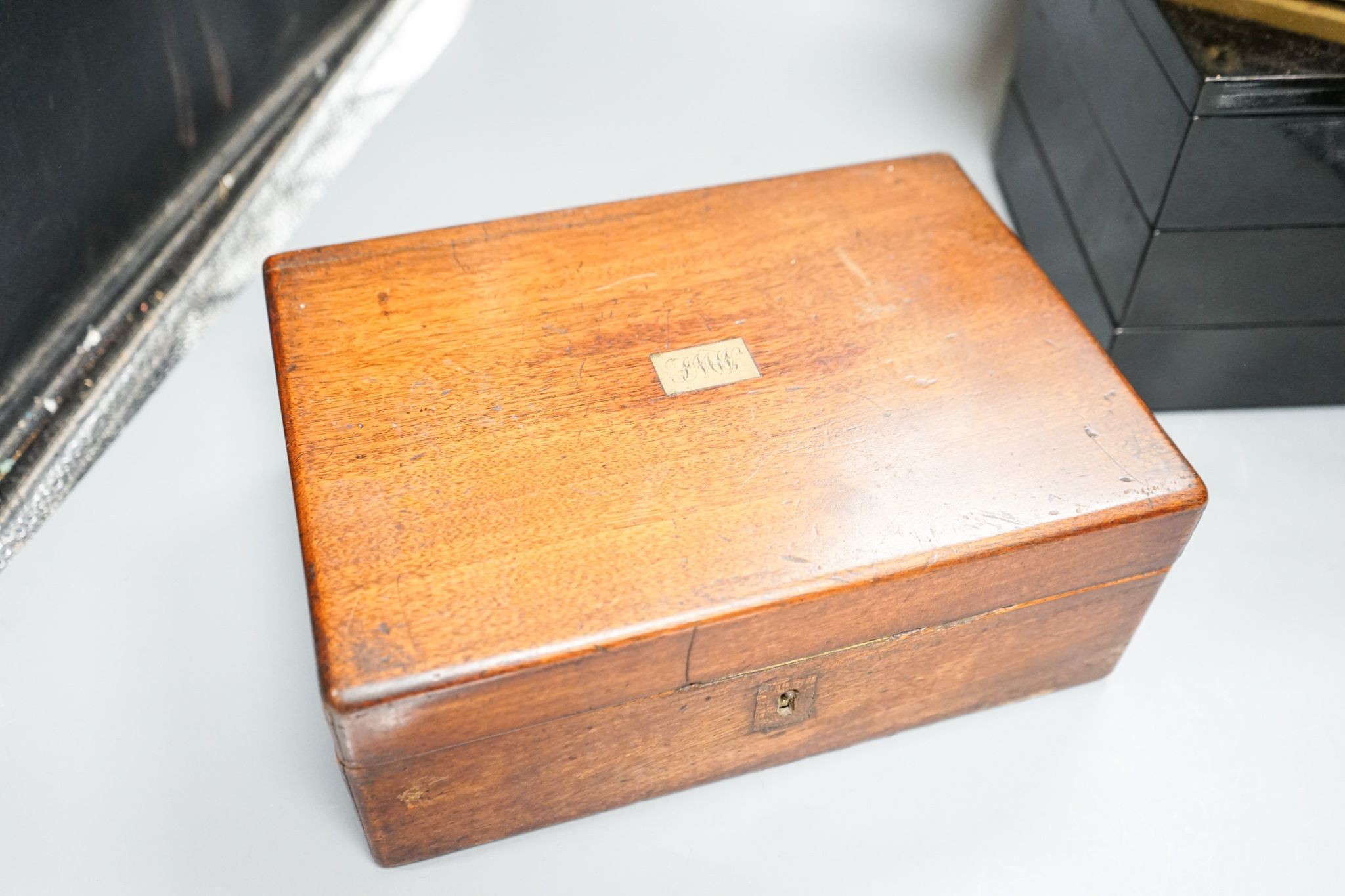 A Victorian cash tin and various wooden boxes largest - 28x19.50cm